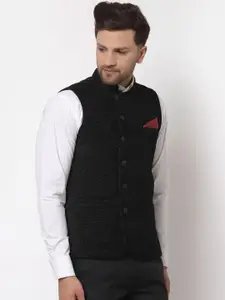 KLOTTHE Men Black Woven Design Nehru Jacket