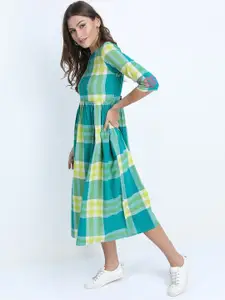 Vishudh Turquoise Blue Checked Ethnic A-Line Midi Dress