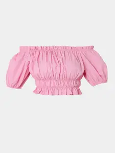 Vero Moda Pink Solid Off-Shoulder Cotton Bardot Crop Top