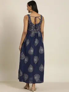 Taavi Women Navy Blue & White Kanchi Printed Pure Cotton Empire Maxi Dress