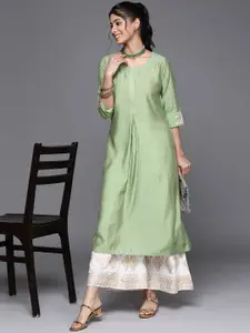 Libas Women Green Striped Chanderi Silk Chanderi Silk Kurta