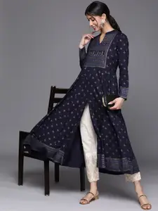 Libas Women Navy Blue Ethnic Motifs Yoke Design Indigo Kurta
