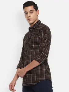 Louis Philippe Jeans Men Brown Slim Fit Tartan Checked Pure Cotton Casual Shirt
