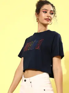 Roadster Women Navy Blue Typography Seriously Silly Tshirt