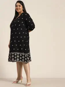 Sztori Plus Size Women Black & Off White Geometric Print Pleated A-Line Midi Dress