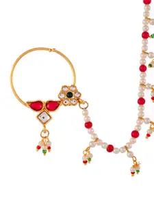 Silvermerc Designs Gold-Plated White & Red Kundan-Studded & Pearl Beaded Chained Nose Ring