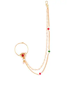 Silvermerc Designs Gold-Plated White & Red Stone Studded & Pearls Beaded Nose Ring