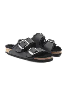 Birkenstock Arizona Buckle Shearling Black Narrow Width Oiled Leather Two-Strap Sandals