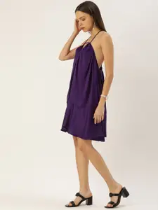 FOREVER 21 Dark Violet Solid Halter Neck Gathered Or Pleated Ruffles Drop-Waist Dress