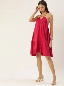 FOREVER 21 Virtual Pink Solid Halter Neck Gathered Or Pleated Ruffles Drop-Waist Dress