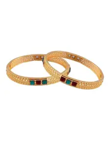 I Jewels Set of 2 Gold-Plated Maroon & Green Stone Studded Bangles