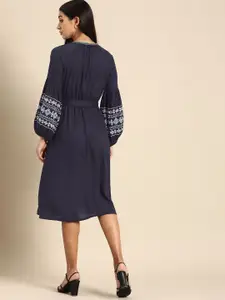 all about you Women Navy Blue Keyhole Neck A-Line Dress With Embroidered Sleeves