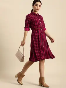 all about you Striped Roll-Up Sleeves Belted Shirt Dress
