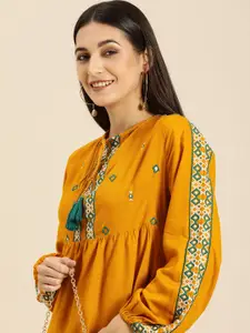 all about you Mustard Yellow Geometric Embroidered Peplum Top With Long Puff Sleeves