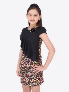 CUTECUMBER Black Floral Georgette Ruffled Sheath Dress