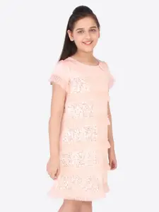 CUTECUMBER Peach-Coloured Embellished Satin A-Line Dress