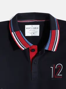 Monte Carlo Boys Navy Blue & Red Pure Cotton Solid Polo Collar T-shirt