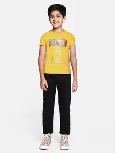Monte Carlo Boys Mustard Yellow & Olive Green Printed Pure Cotton T-shirt