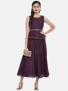RANGMANCH BY PANTALOONS Burgundy Embroidered Ethnic Midi Dress