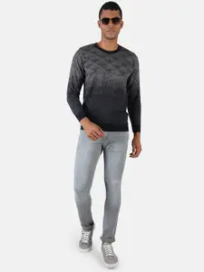 Monte Carlo Men Navy Blue & Grey Printed Wool Pullover