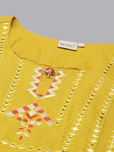 Neerus Women Mustard Yellow Geometric Yoke Design Flared Sleeves Thread Work Kurta