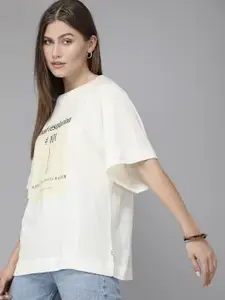 Roadster Women Off-White & Beige Typography Printed Extended Sleeves Boxy T-shirt