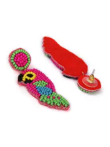 SOHI Pink & Green Parrot Shaped Beaded Designer Drop Earrings