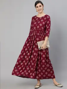 Nayo Women Burgundy Ethnic Motifs Printed Maxi Dress
