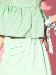 SASSAFRAS Green Checked Sweetheart Neck Peplum Top