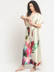 Claura Cream-Coloured Printed Kaftan Maxi Nightdress