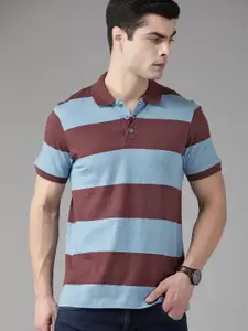 Roadster Men Blue & Burgundy Striped Pure Cotton Polo Collar T-shirt