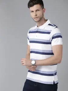 Roadster Men White & Blue Striped Polo Collar Pure Cotton T-shirt