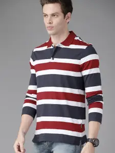 Roadster Men Navy Blue & Maroon Pure Cotton Striped Polo Collar T-shirt