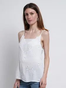 Purple State Women White White Self Design Schiffli Cotton Top