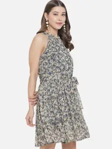 Trend Arrest Women White & Blue Halter Neck Floral Belted Georgette Dress