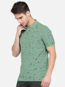BULLMER Men Green & Navy Blue Printed Polo Collar Bio Finish Pocket Cotton T-shirt