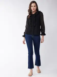 Purple Feather Black Ruffles Georgette Shirt Style Top