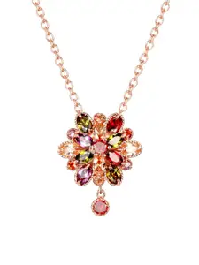 Yellow Chimes Rose Gold-Toned Purple & Red CZ-Studded Pendant With Chain
