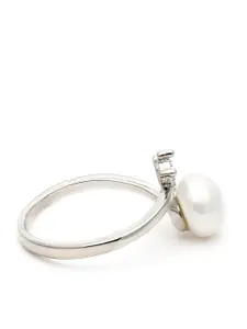 KARATCART Silver-Plated & White AD-Studded & Pearl Beaded Finger Ring