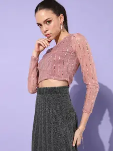 Sera Women Rose Self-Design Bling and Sparkly Top