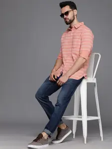 WROGN Men Peach-Coloured & White Slim Fit Horizontal Stripes Striped Casual Shirt