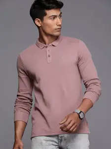 WROGN Men Mauve Self-Design Slim Fit Pure Cotton Polo Collar T-shirt