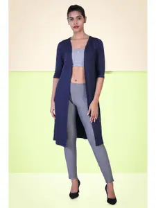 LAASA  SPORTS Navy Blue Solid Longline Open Front Shrug