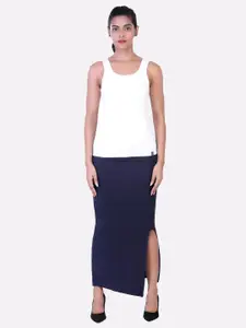 LAASA  SPORTS Woman Navy Blue Mid Calf Pencil Skirt With Side Slit