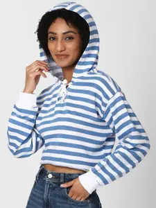 FOREVER 21 Women Blue & White Striped Drop-Shoulder Sleeves Hooded Crop Sweatshirt