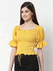 Style Quotient Yellow Smocked Puff Sleeves Crop Top