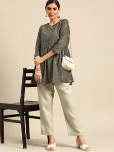 Anouk Women Grey & Pink Pure Cotton Floral Printed Kurta