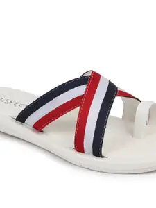 FAUSTO Men White & Red Criss Cross Stripes One Toe Slip-On Flip Flops