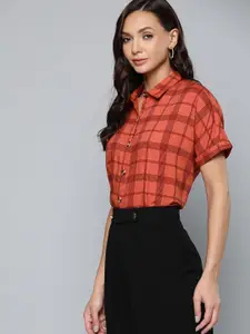 Chemistry Women Rust Orange & Maroon Checked Casual Shirt