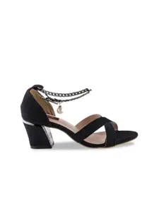 SHUZ TOUCH Black Embellished Open Toes Block Heel Sandals